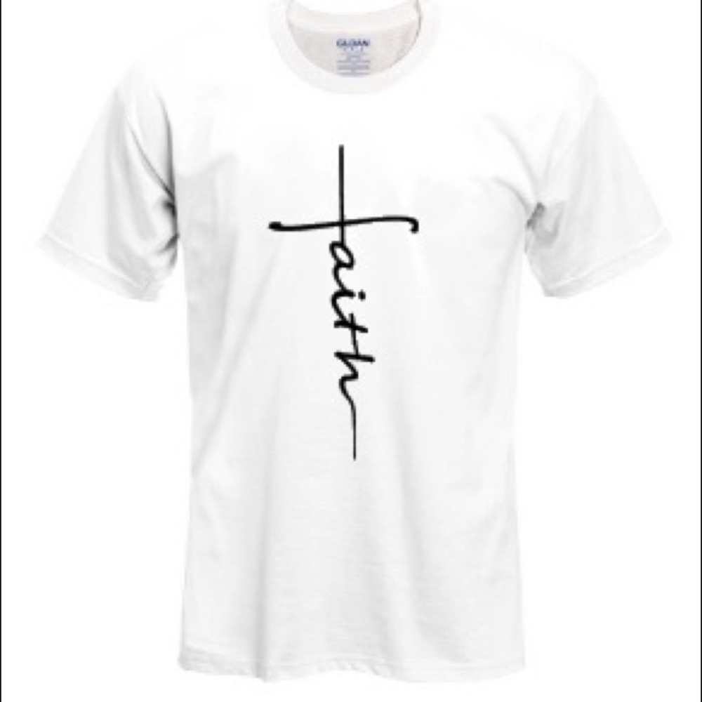 White t-shirt with “faith” in black